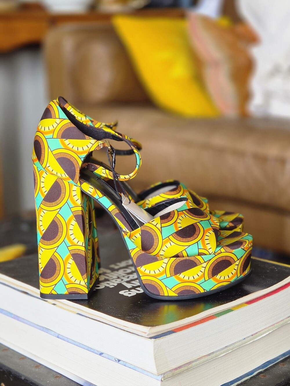 Zara Platform Ankle-Strap Heels 70s African Hippie Pattern NWT